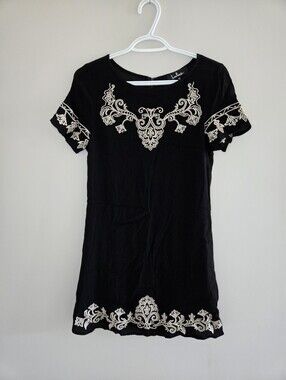 Lulu's Black A Line Short Sleeve Mini Dress with Cream Embroidery - Fully Lined